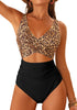 LookbookStore Women's Black Leopard Print V Neck Block One Piece Swimsuit with Cut Out & Ruched High Waist