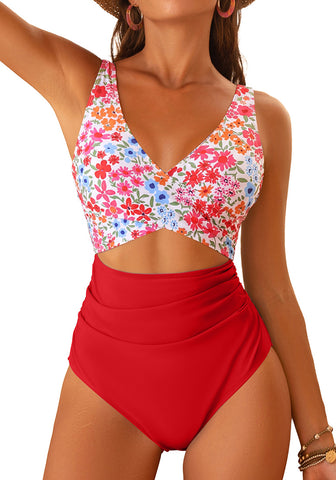 LookbookStore Women's Red Pink Floral V Neck Block One Piece Swimsuit with Cut Out & Ruched High Waist