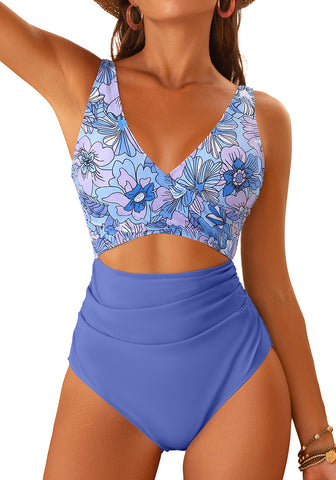 LookbookStore Women's Ultramarine Blue Floral V Neck Block One Piece Swimsuit with Cut Out & Ruched High Waist