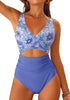 LookbookStore Women's Ultramarine Blue Floral V Neck Block One Piece Swimsuit with Cut Out & Ruched High Waist