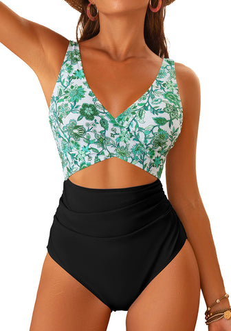 LookbookStore Women's Black Green FloralV Neck Block One Piece Swimsuit with Cut Out & Ruched High Waist