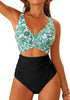 LookbookStore Women's Black Green FloralV Neck Block One Piece Swimsuit with Cut Out & Ruched High Waist