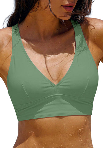 LookbookStore Women's Iceberg Green V Neck Ruched Criss Cross Padded Bikini Top Modest Cute Swim Top for Beach Vacation