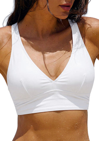 LookbookStore Women's White V Neck Ruched Criss Cross Padded Bikini Top Modest Cute Swim Top for Beach Vacation