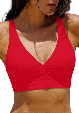 LookbookStore Women's Red V Neck Ruched Criss Cross Padded Bikini Top Modest Cute Swim Top for Beach Vacation