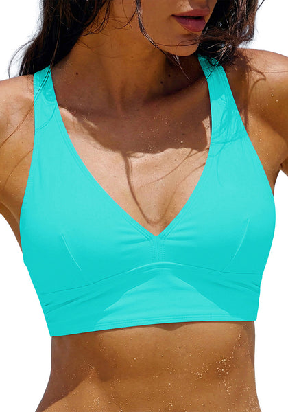 LookbookStore Women's Aqua Blue V Neck Ruched Criss Cross Padded Bikini Top Modest Cute Swim Top for Beach Vacation