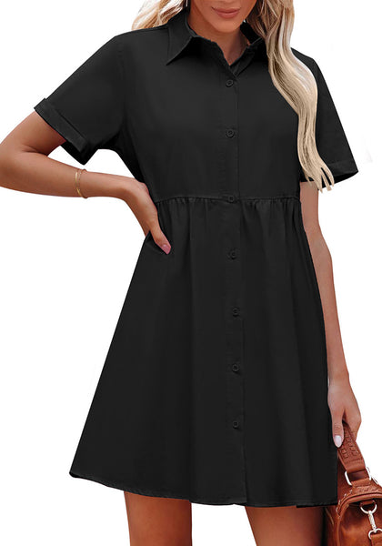 Black Women's Short Sleeve Button Down Babydoll Dress A-Line Tunic Dress