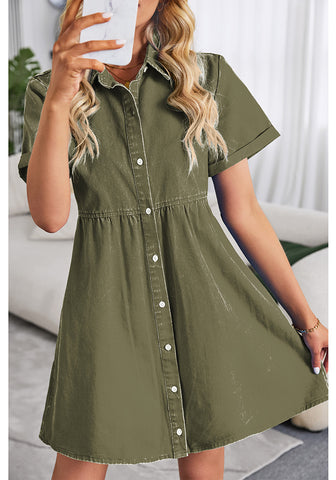 Army Green Women's Short Sleeve Button Down Flowy Tiered Babydoll Denim Dress
