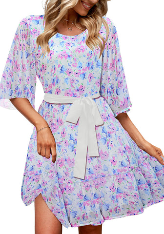 Blue Pink Floral Floral Babydoll Dress for Women Chiffon Cute Flowy Summer Beach Short Dresses with Pockets