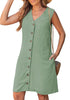 LookbookStore Women's  Sage Green Knee Length Linen Dress – Sleeveless V Neck Button Down, Self Tie Waist & Side Pockets