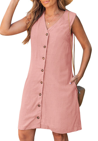 LookbookStore Women's Pink Knee Length Linen Dress – Sleeveless V Neck Button Down, Self Tie Waist & Side Pockets