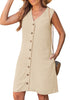 LookbookStore Women's Beige Knee Length Linen Dress – Sleeveless V Neck Button Down, Self Tie Waist & Side Pockets