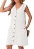 LookbookStore Women's White Knee Length Linen Dress – Sleeveless V Neck Button Down, Self Tie Waist & Side Pockets
