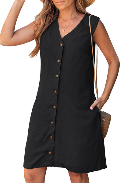 LookbookStore Women's  Black Knee Length Linen Dress – Sleeveless V Neck Button Down, Self Tie Waist & Side Pockets
