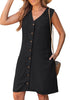 LookbookStore Women's  Black Knee Length Linen Dress – Sleeveless V Neck Button Down, Self Tie Waist & Side Pockets