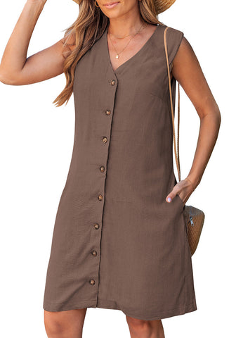 LookbookStore Women's Coffee Brown  Knee Length Linen Dress – Sleeveless V Neck Button Down, Self Tie Waist & Side Pockets