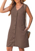LookbookStore Women's Coffee Brown  Knee Length Linen Dress – Sleeveless V Neck Button Down, Self Tie Waist & Side Pockets