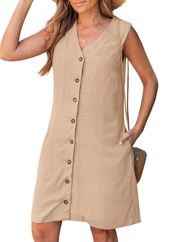 LookbookStore Women's Almond Knee Length Linen Dress – Sleeveless V Neck Button Down, Self Tie Waist & Side Pockets