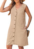 LookbookStore Women's Almond Knee Length Linen Dress – Sleeveless V Neck Button Down, Self Tie Waist & Side Pockets