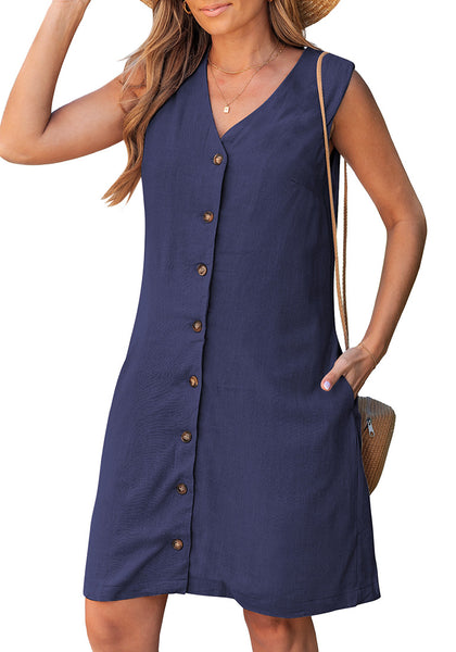 LookbookStore Women's Navy Blue Knee Length Linen Dress – Sleeveless V Neck Button Down, Self Tie Waist & Side Pockets