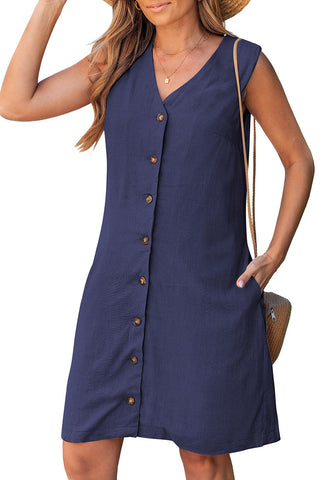 LookbookStore Women's Navy Blue Knee Length Linen Dress – Sleeveless V Neck Button Down, Self Tie Waist & Side Pockets