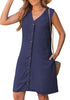 LookbookStore Women's Navy Blue Knee Length Linen Dress – Sleeveless V Neck Button Down, Self Tie Waist & Side Pockets