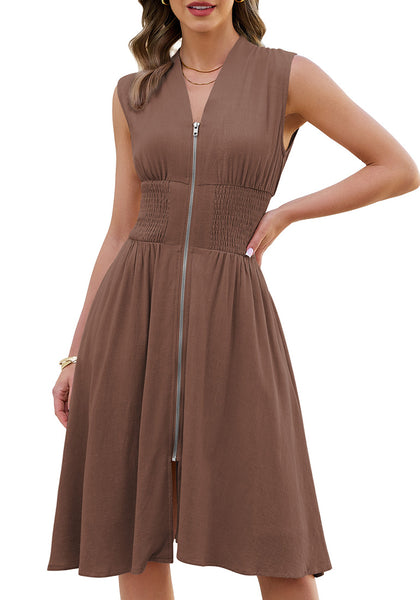 LookbookStore Women's Coffee Brown Summer Beach Vacation Linen Dress Casual Flowy V Neck Sleeveless Smocked Zip Midi Dress with Pockets