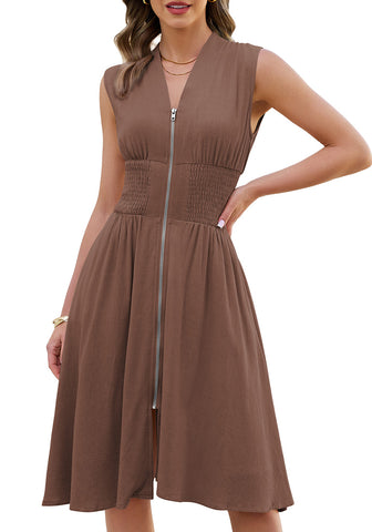 LookbookStore Women's Coffee Brown Summer Beach Vacation Linen Dress Casual Flowy V Neck Sleeveless Smocked Zip Midi Dress with Pockets