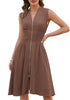 LookbookStore Women's Coffee Brown Summer Beach Vacation Linen Dress Casual Flowy V Neck Sleeveless Smocked Zip Midi Dress with Pockets