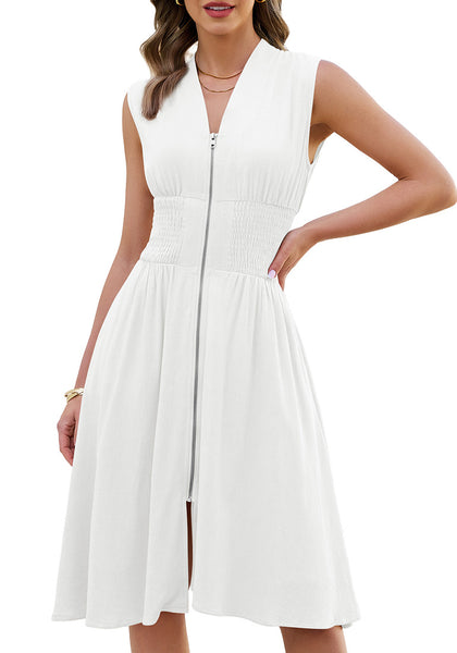 LookbookStore Women's White Summer Beach Vacation Linen Dress Casual Flowy V Neck Sleeveless Smocked Zip Midi Dress with Pockets