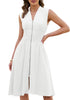 LookbookStore Women's White Summer Beach Vacation Linen Dress Casual Flowy V Neck Sleeveless Smocked Zip Midi Dress with Pockets