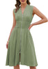 LookbookStore Women's Army Green Summer Beach Vacation Linen Dress Casual Flowy V Neck Sleeveless Smocked Zip Midi Dress with Pockets