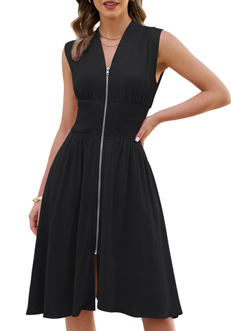 LookbookStore Women's Black Summer Beach Vacation Linen Dress Casual Flowy V Neck Sleeveless Smocked Zip Midi Dress with Pockets