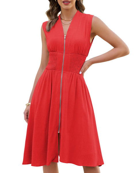 LookbookStore Women's Red Summer Beach Vacation Linen Dress Casual Flowy V Neck Sleeveless Smocked Zip Midi Dress with Pockets