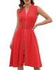 LookbookStore Women's Red Summer Beach Vacation Linen Dress Casual Flowy V Neck Sleeveless Smocked Zip Midi Dress with Pockets