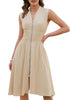 LookbookStore Women's Flax Summer Beach Vacation Linen Dress Casual Flowy V Neck Sleeveless Smocked Zip Midi Dress with Pockets