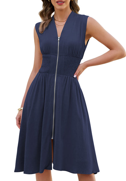 LookbookStore Women's Navy Blue Summer Beach Vacation Linen Dress Casual Flowy V Neck Sleeveless Smocked Zip Midi Dress with Pockets