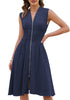 LookbookStore Women's Navy Blue Summer Beach Vacation Linen Dress Casual Flowy V Neck Sleeveless Smocked Zip Midi Dress with Pockets