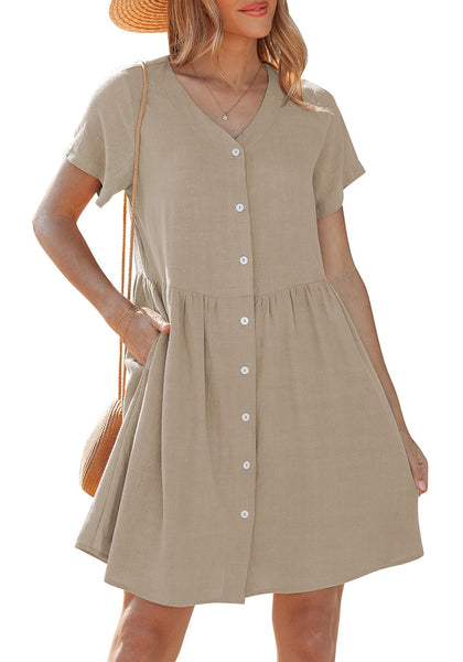 LookbookStore Women's Khaki Summer Casual Linen Babydoll Dress V Neck Short Sleeve Button Down Above Knee with Pockets