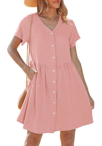 LookbookStore Women's Pink Summer Casual Linen Babydoll Dress V Neck Short Sleeve Button Down Above Knee with Pockets