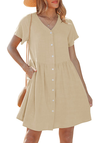 LookbookStore Women's Flax Summer Casual Linen Babydoll Dress V Neck Short Sleeve Button Down Above Knee with Pockets