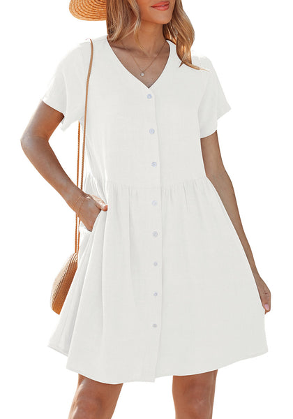 LookbookStore Women's White Summer Casual Linen Babydoll Dress V Neck Short Sleeve Button Down Above Knee with Pockets