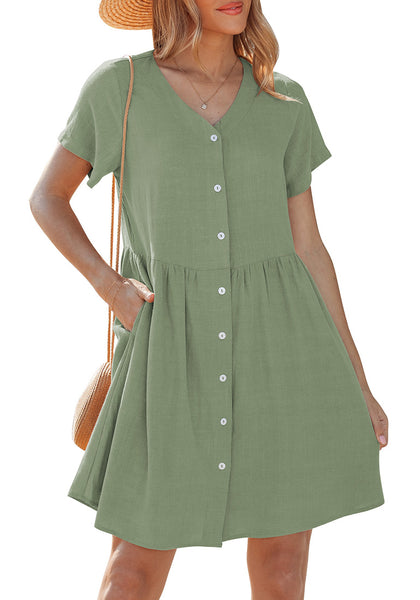 LookbookStore Women's Army Green Summer Casual Linen Babydoll Dress V Neck Short Sleeve Button Down Above Knee with Pockets