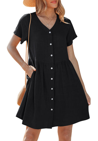 LookbookStore Women's Black Summer Casual Linen Babydoll Dress V Neck Short Sleeve Button Down Above Knee with Pockets