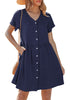 LookbookStore Women's Navy Blue Summer Casual Linen Babydoll Dress V Neck Short Sleeve Button Down Above Knee with Pockets