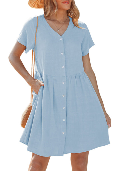 LookbookStore Women's Sky Blue Summer Casual Linen Babydoll Dress V Neck Short Sleeve Button Down Above Knee with Pockets