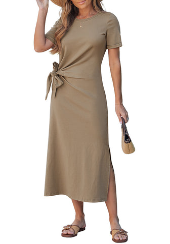 LookbookStore Women's Coffee Summer Casual Long Tshirt Dress Short Sleeve Self Tie Side Split Beach Vacation Dress 2026