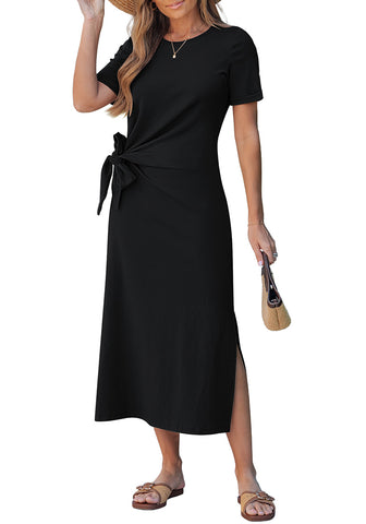LookbookStore Women's Black Summer Casual Long Tshirt Dress Short Sleeve Self Tie Side Split Beach Vacation Dress 2026