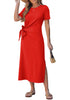 LookbookStore Women's Red Summer Casual Long Tshirt Dress Short Sleeve Self Tie Side Split Beach Vacation Dress 2026