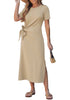 LookbookStore Women's Beige Summer Casual Long Tshirt Dress Short Sleeve Self Tie Side Split Beach Vacation Dress 2026